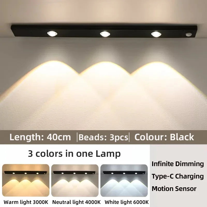 Lumière LED Blanche/Noire pour Armoire Rechargeable par USB Capteur de Mouvement pour Cuisine Garde-Robe Éclairage d'Armoire 20cm/30cm/40cm/50cm